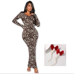 Leopard Print Long Sleeve Body Con Dress paired W/Red Bow Fashion Earrings